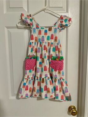Eleanor Rose Girls White Popsicle Print Summer Dress with Pink Pocket Accents